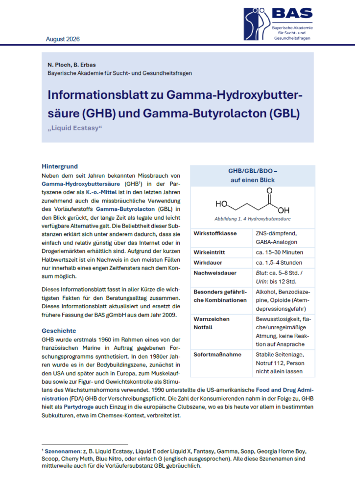 Ein aktualisiertes Informationsblatt zu Gamma-Hydroxybuttersäure (GHB) und ihrem Vorläuferstoff Gamma-Butyrolacton (GBL), bekannt unter Szenenamen wie „Liquid Ecstasy“, „G“ oder „Fantasy“, ist nun kostenlos zum Download verfügbar!